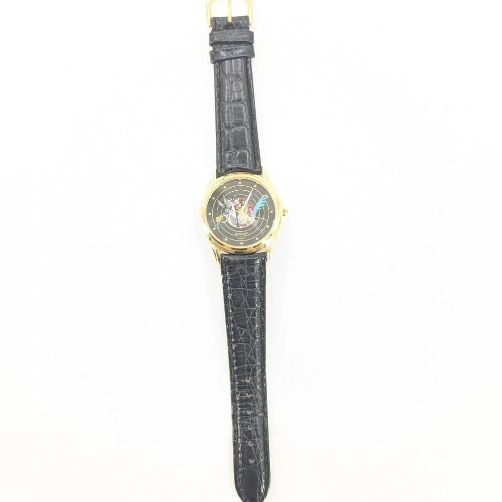 Armitron Looney Tunes Collectors Edition Gold Black Leather Band Watch